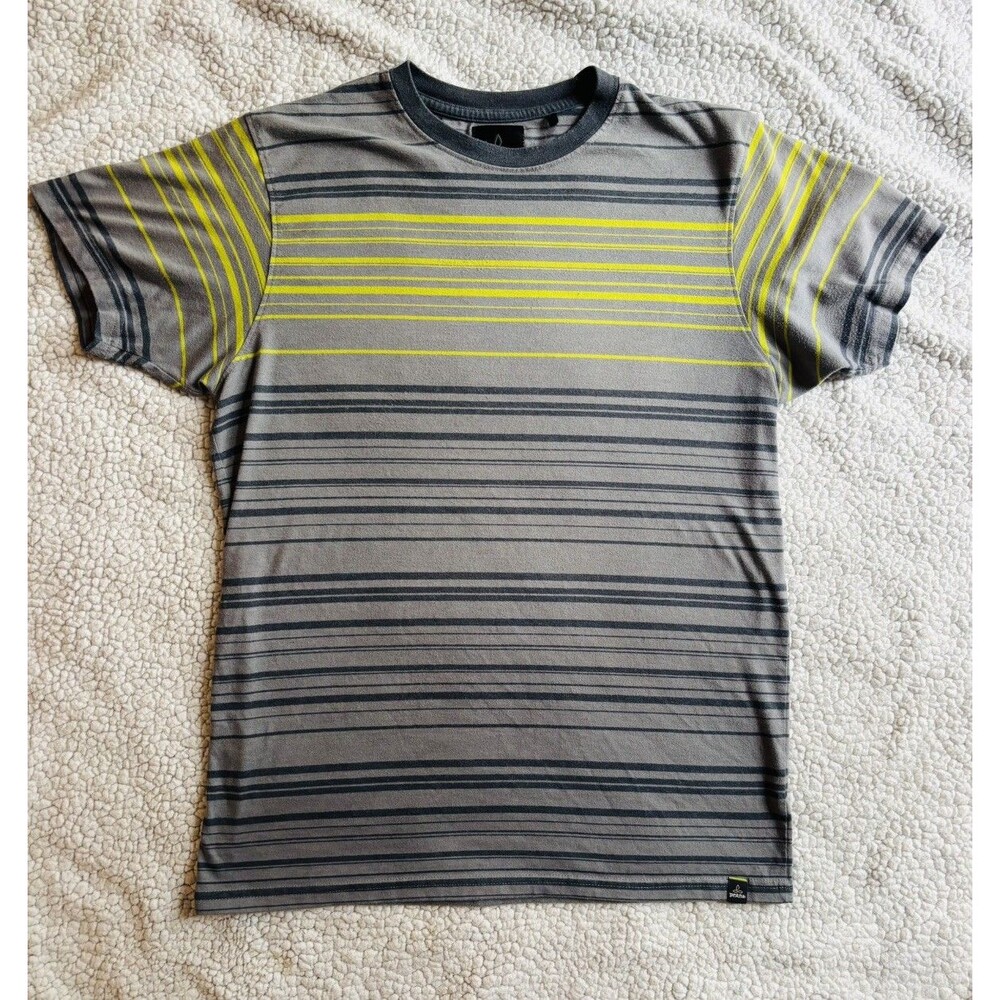 Prana Mens Medium Gray Yellow Blue Striped Organic Cotton Blend Short Sleeve Tee